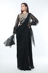 Vivek Patel_Black Saree Georgette Embellished 3d Flower Round Flare Sleeve Gown _at_Aza_Fashions