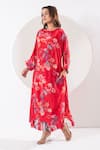 Buy_Ekavira_Red Crepe Silk Printed Botanic Round Rukhmani Asymmetric Kaftan With Pant _at_Aza_Fashions