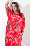 Ekavira_Red Crepe Silk Printed Botanic Round Rukhmani Asymmetric Kaftan With Pant _Online_at_Aza_Fashions