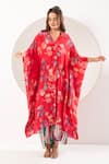 Buy_Ekavira_Red Crepe Silk Printed Mughal Floral V-neck Sawani Kaftan With Wrapped Palazzo _at_Aza_Fashions