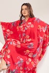 Buy_Ekavira_Red Crepe Silk Printed Mughal Floral V-neck Sawani Kaftan With Wrapped Palazzo _Online_at_Aza_Fashions