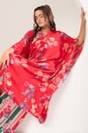 Shop_Ekavira_Red Crepe Silk Printed Mughal Floral V-neck Sawani Kaftan With Wrapped Palazzo _Online_at_Aza_Fashions