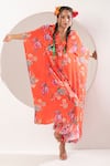 Ekavira_Orange Crepe Silk Printed Mughal Sawani Asymmetric Kaftan With Wrapped Palazzo _at_Aza_Fashions