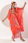 Buy_Ekavira_Orange Crepe Silk Printed Mughal Sawani Asymmetric Kaftan With Wrapped Palazzo 