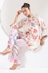 Shop_Ekavira_Ivory Crepe Silk Printed Floral Mandarin Collar Bella Short Kurta With Pant _at_Aza_Fashions