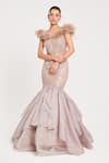 Buy_Chaashni by Maansi and Ketan_Beige Textured Organza Embellished Sequin Fur Off-shoulder Fishcut Gown _at_Aza_Fashions