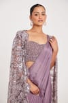 Buy_Chaashni by Maansi and Ketan_Purple Chinon Chiffon Embroidered Floral Cutwork Jacket Pre-draped Saree Set _Online_at_Aza_Fashions