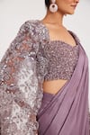 Shop_Chaashni by Maansi and Ketan_Purple Chinon Chiffon Embroidered Floral Cutwork Jacket Pre-draped Saree Set _Online_at_Aza_Fashions