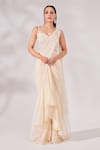 Buy_Chaashni by Maansi and Ketan_Ivory Net Embroidered Pearl And Cutdana Work Pre-draped Saree With Blouse _Online_at_Aza_Fashions