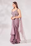 Chaashni by Maansi and Ketan_Purple Net Embroidered Pearl Sweetheart And Cutdana Pre-draped Saree With Blouse _Online_at_Aza_Fashions