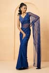 Buy_Quench A Thirst_Blue Georgette Embroidery Sequin Leaf Stripe Pre-stitched Saree With Blouse _at_Aza_Fashions