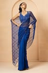 Shop_Quench A Thirst_Blue Georgette Embroidery Sequin Leaf Stripe Pre-stitched Saree With Blouse _Online_at_Aza_Fashions