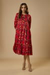 EWOKE_Red Satin Georgette Printed Floral Round Tiered Dress _Online_at_Aza_Fashions