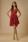 Buy_EWOKE_Red Satin Georgette Printed Floral V-neck Asymmetric Dress _at_Aza_Fashions