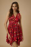 EWOKE_Red Satin Georgette Printed Floral V-neck Asymmetric Dress _Online_at_Aza_Fashions