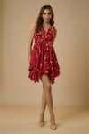 Buy_EWOKE_Red Satin Georgette Printed Floral V-neck Asymmetric Dress _Online_at_Aza_Fashions