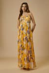 Buy_EWOKE_Yellow Chiffon Satin Printed Floral Sweetheart Tiered Dress _at_Aza_Fashions