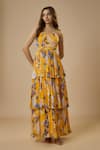 EWOKE_Yellow Chiffon Satin Printed Floral Sweetheart Tiered Dress _Online_at_Aza_Fashions