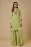 EWOKE_Green Crepe Embellished Bead V-neck Kurta With Sharara _Online_at_Aza_Fashions