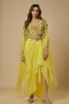 Buy_EWOKE_Yellow Crepe Embellished Bead Jacket Open Floral Vine Cape Draped Skirt Set _at_Aza_Fashions