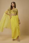 Shop_EWOKE_Yellow Crepe Embellished Bead Jacket Open Floral Vine Cape Draped Skirt Set _at_Aza_Fashions