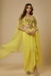 Buy_EWOKE_Yellow Crepe Embellished Bead Jacket Open Floral Vine Cape Draped Skirt Set _Online_at_Aza_Fashions