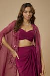 Buy_EWOKE_Wine Crepe Embellished Bead Jacket Open Floral Scalloped Draped Skirt Set _Online_at_Aza_Fashions