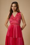 EWOKE_Pink Crepe Embellished Bead V-neck Two-tone Tiered Dress _Online_at_Aza_Fashions