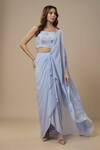 Buy_EWOKE_Blue Crepe Embellished Bead Square Solid Pre-draped Saree With Blouse _at_Aza_Fashions