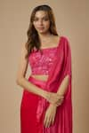 Shop_EWOKE_Pink Crepe Embellished Bead Square Solid Pre-draped Saree With Sequined Blouse _Online_at_Aza_Fashions