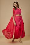 Shop_EWOKE_Pink Crepe Embellished Bead Jacket Open Floral Vine Ombre Draped Skirt Set _Online_at_Aza_Fashions