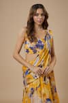 EWOKE_Yellow Chiffon Satin Printed Ruffled Tiered Pre-draped Saree With Blouse _Online_at_Aza_Fashions