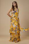 Buy_EWOKE_Yellow Chiffon Satin Printed Ruffled Tiered Pre-draped Saree With Blouse _Online_at_Aza_Fashions