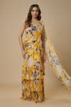 Shop_EWOKE_Yellow Chiffon Satin Printed Ruffled Tiered Pre-draped Saree With Blouse _Online_at_Aza_Fashions