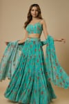 Buy_EWOKE_Blue Crepe Printed Floral Sweetheart Tiered Lehenga Set _at_Aza_Fashions