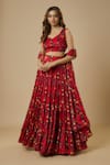 Buy_EWOKE_Red Georgette Satin Printed Floral Sweetheart Tiered Lehenga Set _at_Aza_Fashions