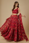 EWOKE_Red Georgette Satin Printed Floral Sweetheart Tiered Lehenga Set _Online_at_Aza_Fashions