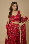 Shop_EWOKE_Red Georgette Satin Printed Floral Sweetheart Tiered Lehenga Set _Online_at_Aza_Fashions