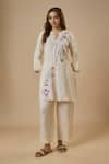 Buy_EWOKE_Cream 100% Hemp Embroidered Thread Keyhole Floral Kurta With Trouser _at_Aza_Fashions