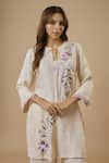 EWOKE_Cream 100% Hemp Embroidered Thread Keyhole Floral Kurta With Trouser _Online_at_Aza_Fashions