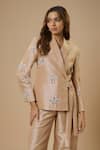 Shop_EWOKE_Beige Handloom Cotton Tencel Embellished Pearl Side-tie Jacket With Trouser _Online_at_Aza_Fashions