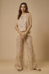 Buy_EWOKE_Beige Organza Embellished Bead Round Floral Threadwork Top With Trouser _at_Aza_Fashions