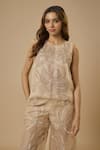 Buy_EWOKE_Beige Organza Embellished Bead Round Floral Threadwork Top With Trouser _Online_at_Aza_Fashions