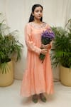 Buy_KKANYAAH_Peach Silk, , Handloom Embroidery Round Neck Meadow Muse Dress _at_Aza_Fashions