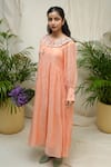 Shop_KKANYAAH_Peach Silk, , Handloom Embroidery Round Neck Meadow Muse Dress _at_Aza_Fashions