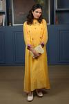 Shop_KKANYAAH_Yellow Silk, Cotton Embroidery, Lace Round Neck Retro Royal Midi Dress _at_Aza_Fashions