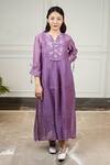 Buy_Kkanyaah_Purple Handwoven Silk Hand Embroidered Thread Floral Flounce Flared Dress _at_Aza_Fashions