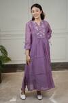 Shop_Kkanyaah_Purple Handwoven Silk Hand Embroidered Thread Floral Flounce Flared Dress _at_Aza_Fashions