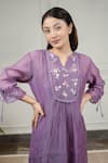 Kkanyaah_Purple Handwoven Silk Hand Embroidered Thread Floral Flounce Flared Dress _Online_at_Aza_Fashions