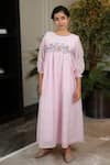 Buy_Kkanyaah_Pink Silk, , Handloom Embroidery Round Neck Botanical Bliss Dress _Online_at_Aza_Fashions